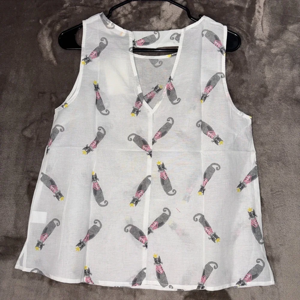 Tulip B Tank Top Womens‎ Medium White Cat Queen Princess Print Cotton Button Up
